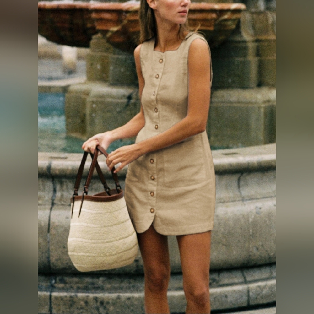 NWT Commense Khaki Cotton Button Front Short Dress (Size: XL)